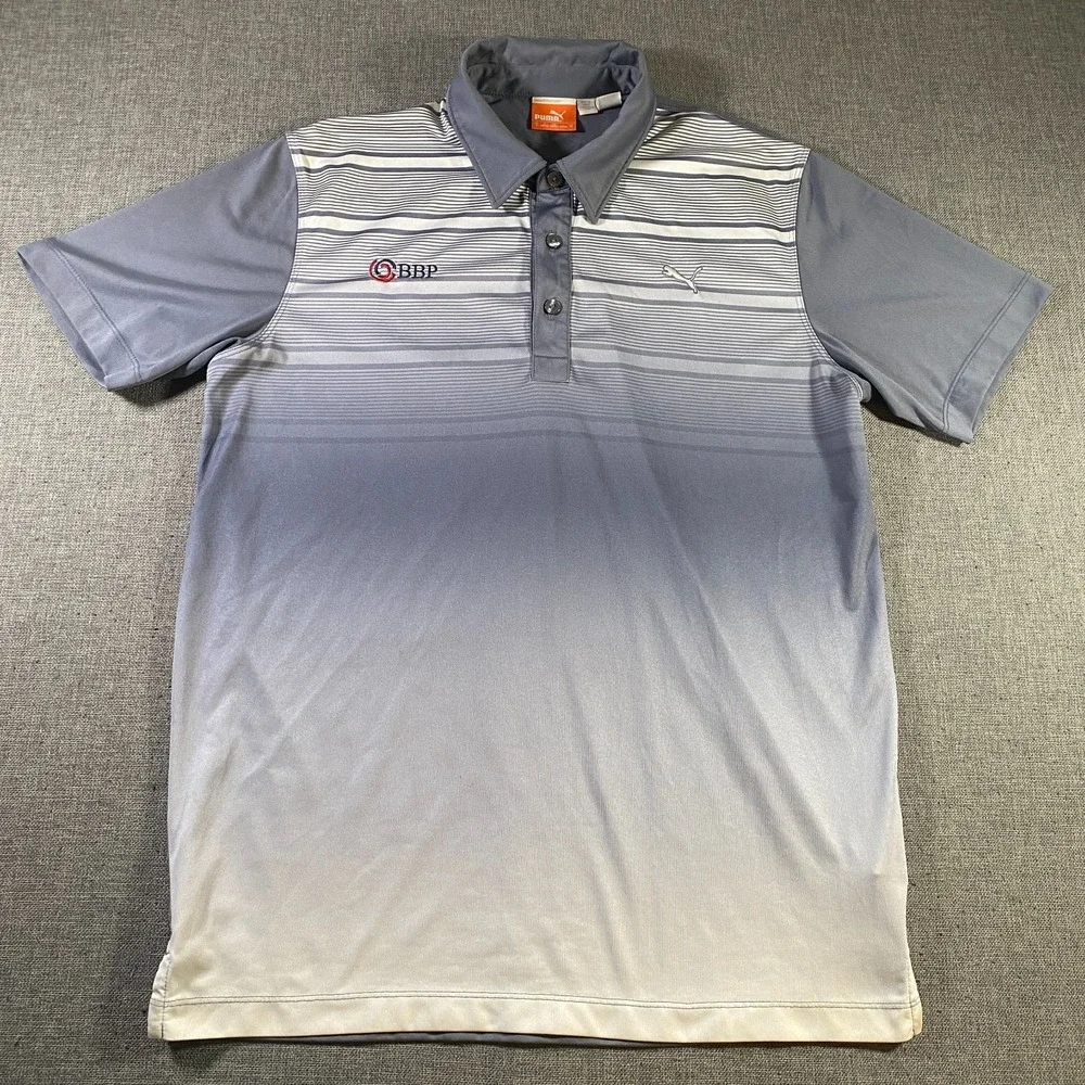 Lot of 2 Puma Golf Polo Shirts Mens Small Striped Blue/Grey Stretch Lightweight